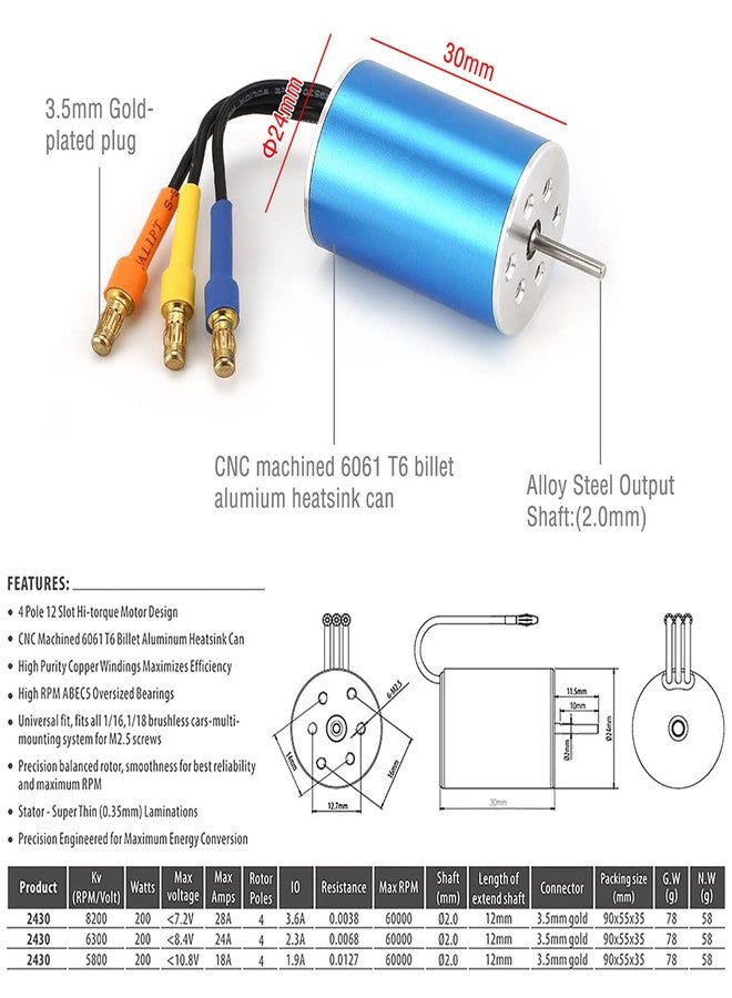 KingVal Replacement 2430 8200KV Waterproof Sensorless Brushless Motor Shaft 2mm with 25A Brushless ESC Combo for 1/16 1/18 RC Car - Image 2